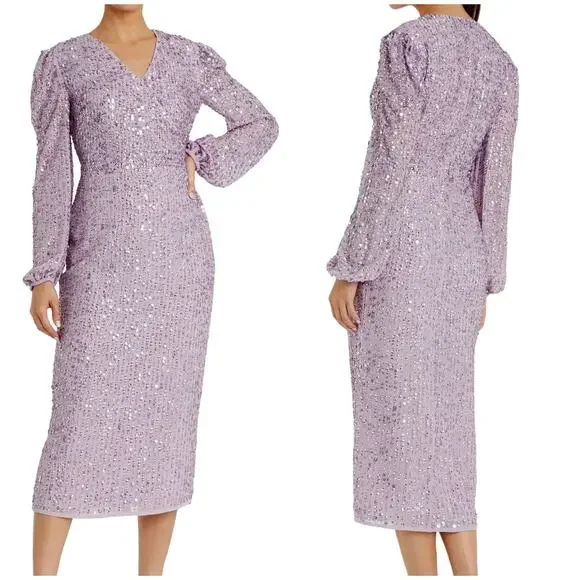 Mac Duggal NWT Purple Sequined Illusion Puff Sleeve V Neck Midi Dress Size 6